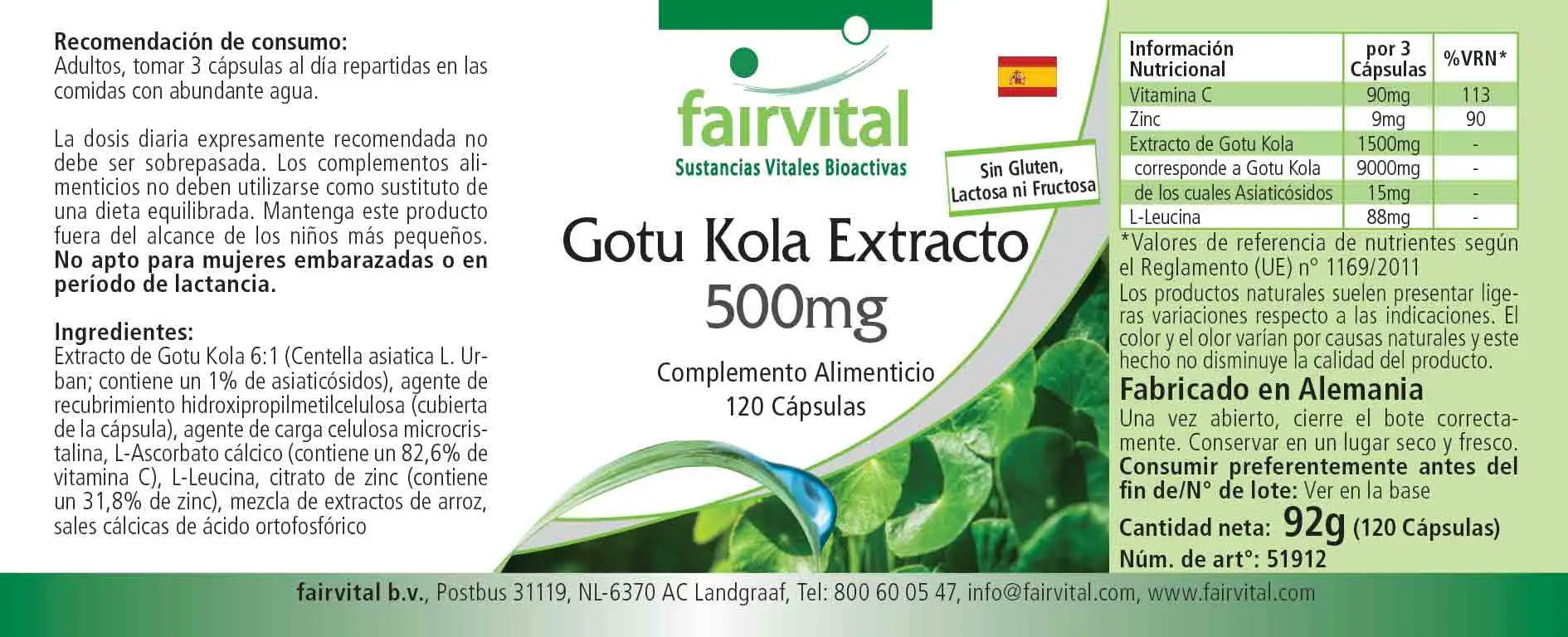 Gotu Kola Extrakt 500mg - 120 Kapseln - mit Vitamin C, Zink - für Immunsystem, Zellschutz uvm. - Vegan | Fairvital