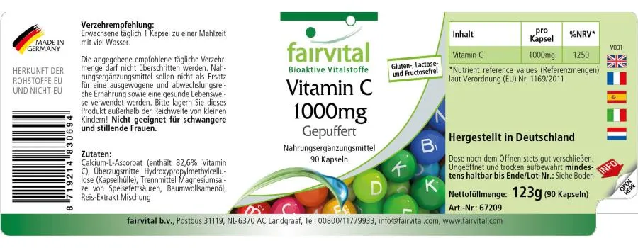 Vitamin C 1000mg gepuffert - 90 Kapseln - für Immunsystem, Kollagenbildung uvm. | Fairvital