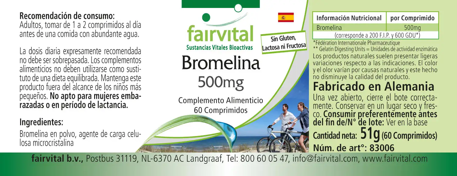 Bromelain 500mg  - 60 Tabletten - 1000mg pro Tagesdosis - 600 F.I.P. - Ananasenzym - Vegan | Fairvital