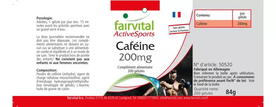 Koffein 200mg - 200 Kapseln - Hochdosiert und Vegan | Fairvital