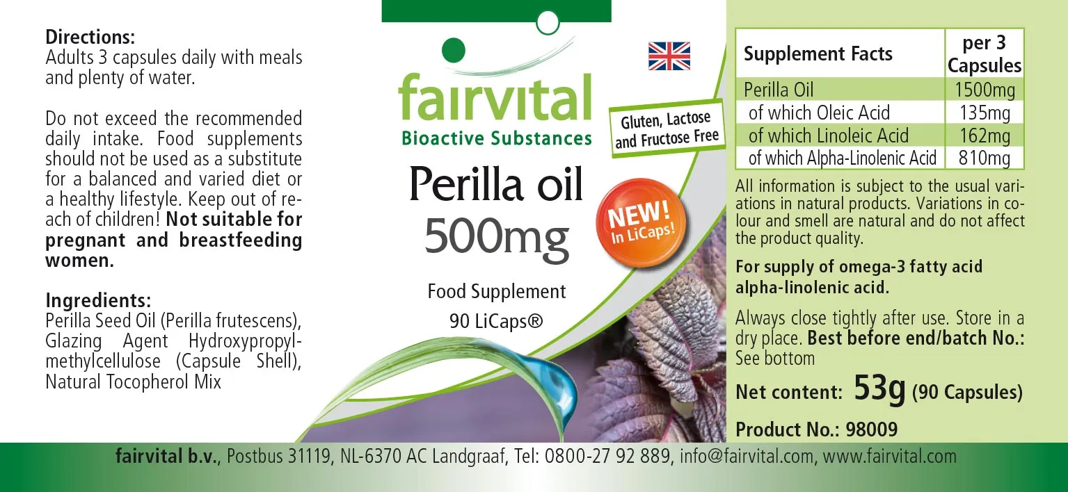 Perilla-Öl 500mg - HOCHDOSIERT - VEGAN - 90 LiCaps® | Fairvital