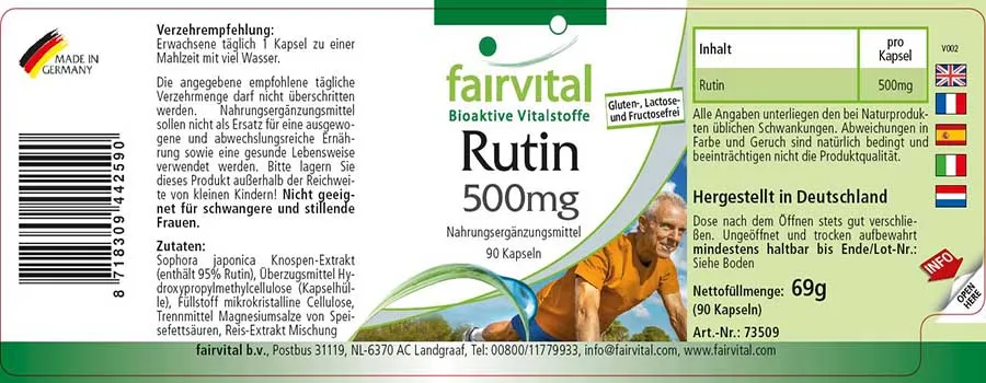 Rutin 500mg - 90 Kapseln - Sophora japonica - Hochdosiert und Vegan | Fairvital Rutin 500mg - 90 Kapseln - Sophora japonica - Hochdosiert und Vegan | Fairvital