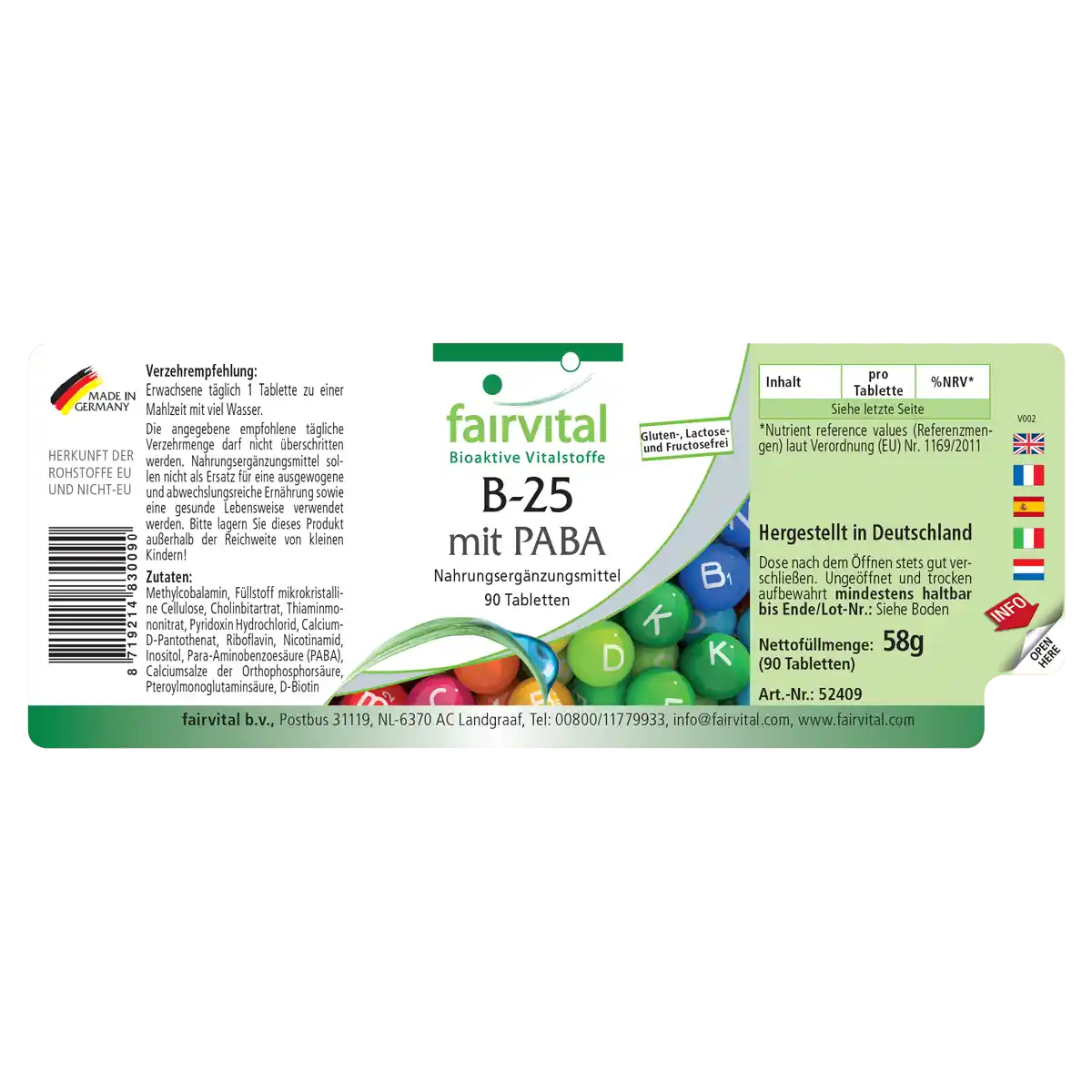 B-25 mit PABA - 90 Tabletten - mit Vitamin B-12, Cholin & mehr - für Leberfunktion, Immunsystem uvm. - Vegan | Fairvital