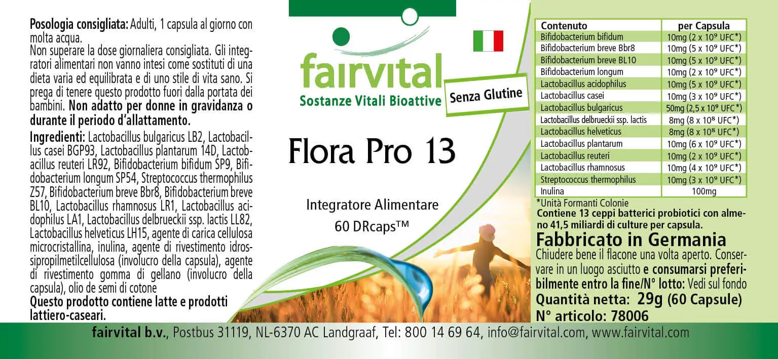 Flora Pro 13 - 60 Kapseln - 13 Bakterienstämme & 41,5 Milliarden Kulturen pro Kapsel - Hochdosiert | Fairvital