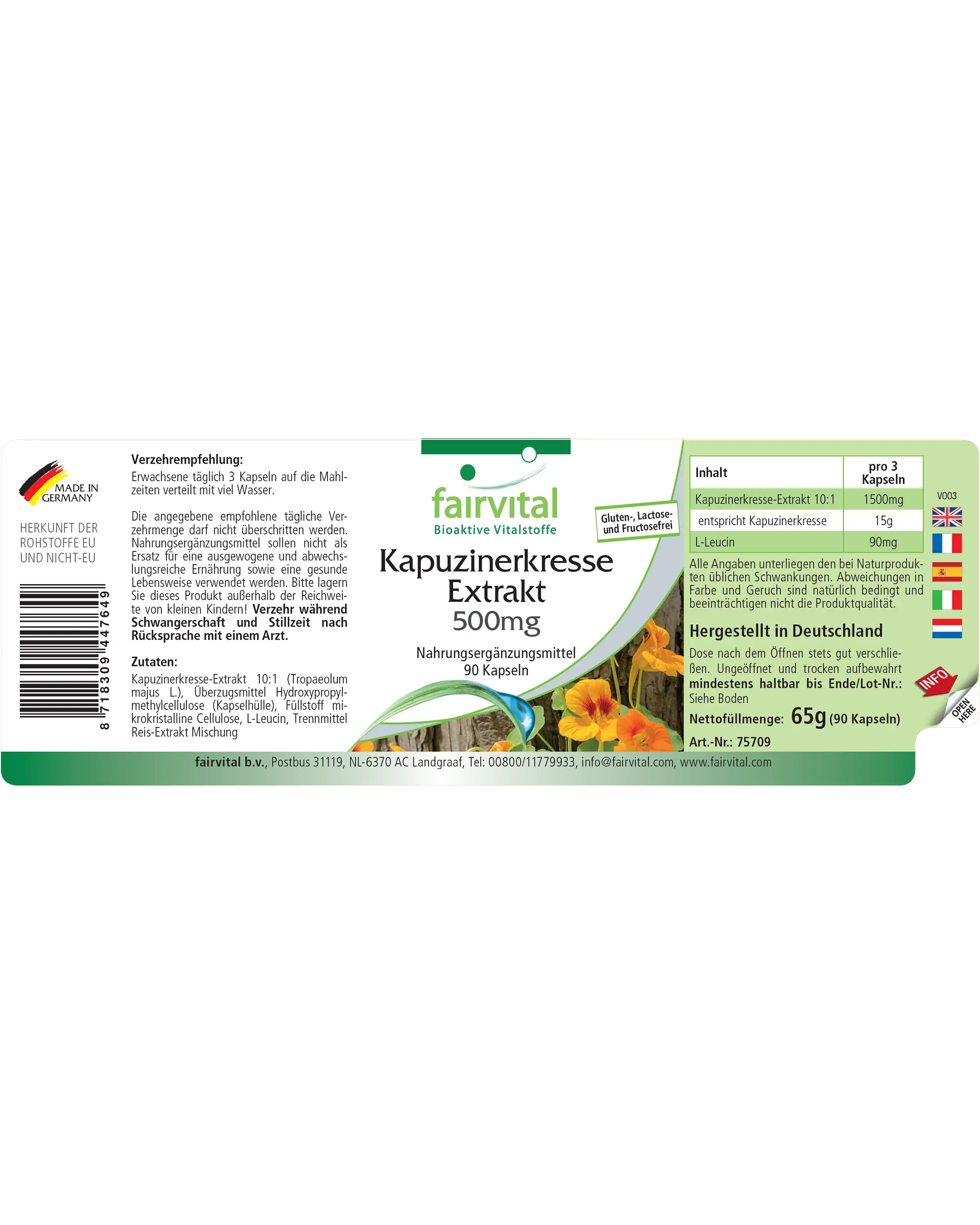 Kapuzinerkresse-Extrakt 500mg - 90 Kapseln - Tropaeolum majus - Vegan | Fairvital