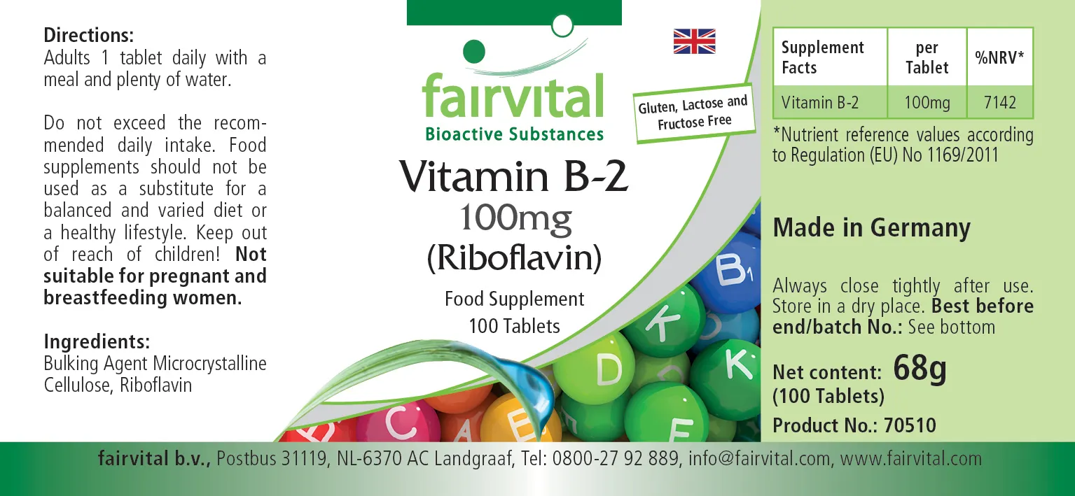 Vitamin B-2 Riboflavin - 100 Tabletten - für Sehkraft, Haut, Nervensystem uvm. - Vegan | Fairvital