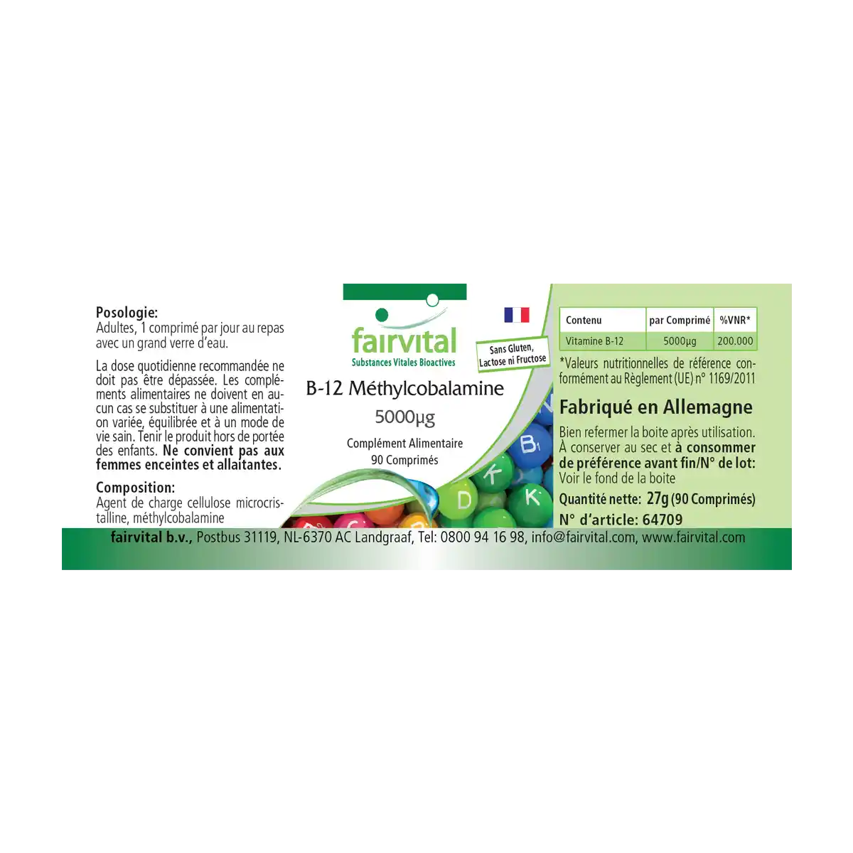 B-12 Methylcobalamin 5000µg - 90 Tabletten - mit Vitamin B12 für Immunsystem, gegen Müdigkeit uvm. - Hochdosiert und Vegan | Fairvital