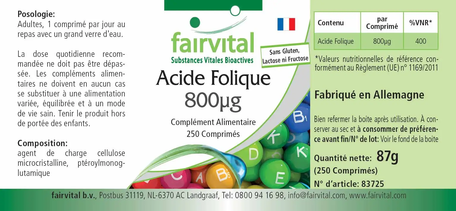 Folsäure 800µg  - 250 Tabletten - Für Kinderwunsch - Schwangerschaft & Stillzeit - Vegan | Fairvital