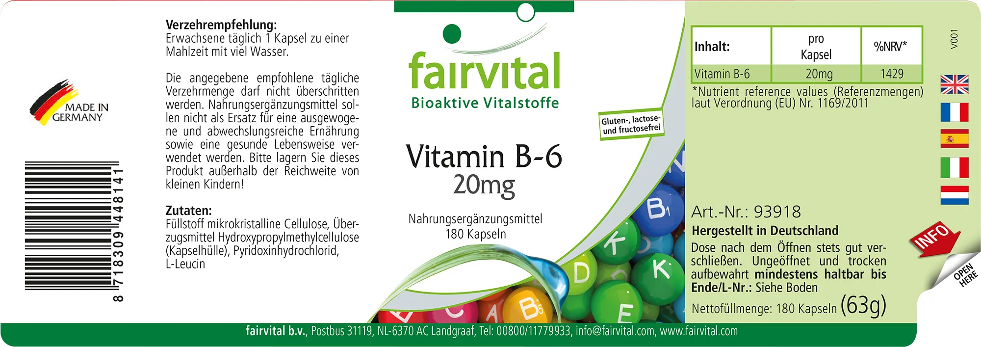 Vitamin B-6 20mg-180 Kapseln-Pyridoxinhydrochlorid-Hochdosiert & Vegan | Fairvital