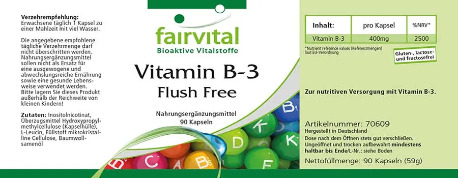 Vitamin B-3 Flush Free - 90 Kapseln - für Haut, Nervensystem, Energiestoffwechsel uvm. - Vegan | Fairvital