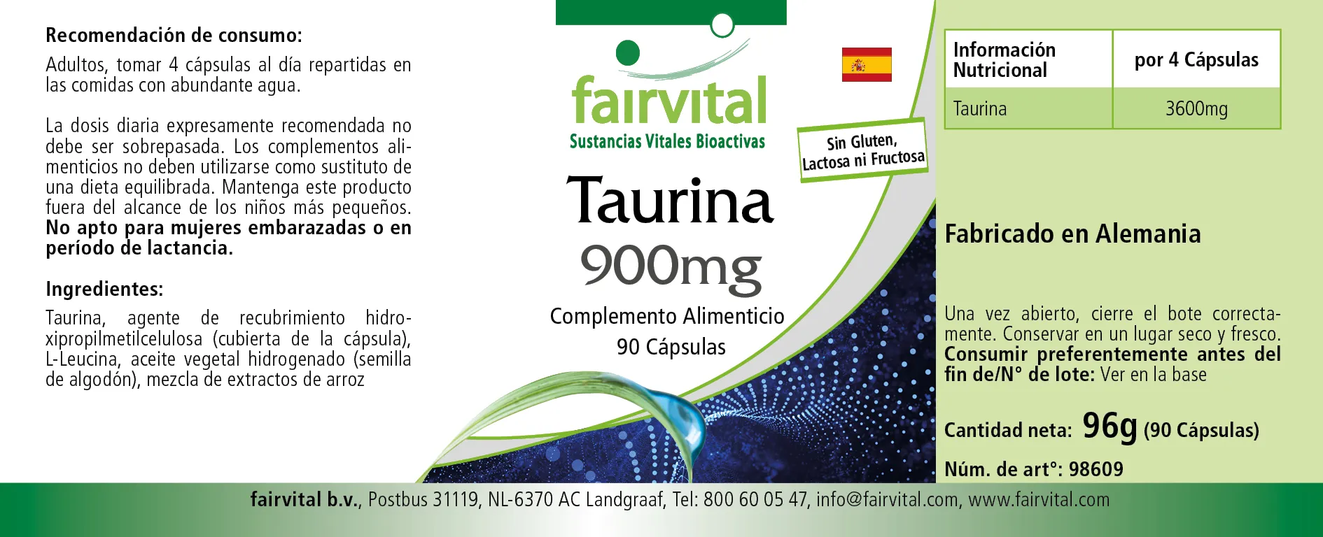 Taurin 900mg - 90 Kapseln - Hochdosiert- Vegan | Fairvital