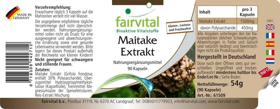 Maitake Extrakt - 90 Kapseln - Grifola frondosa - 30% Polysaccharide - Hochdosiert und Vegan | Fairvital