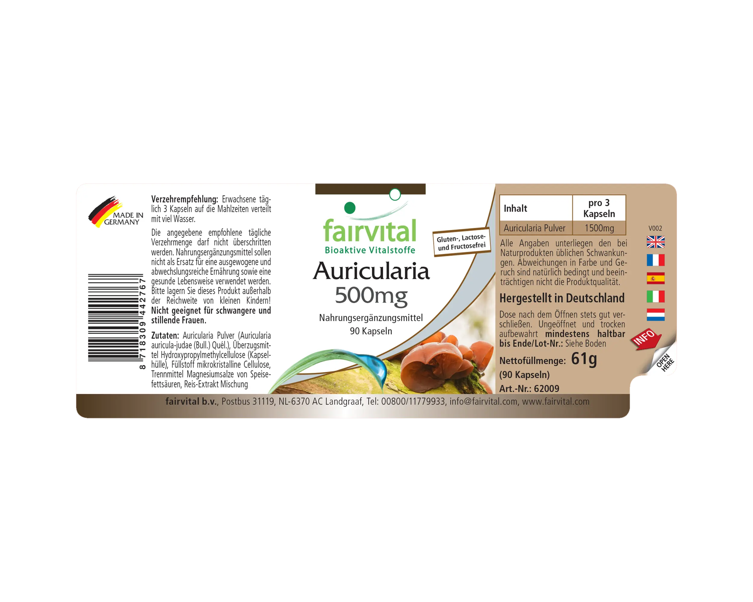 Auricularia 500mg - 90 Kapseln - Hochdosiert und vegan | Fairvital
