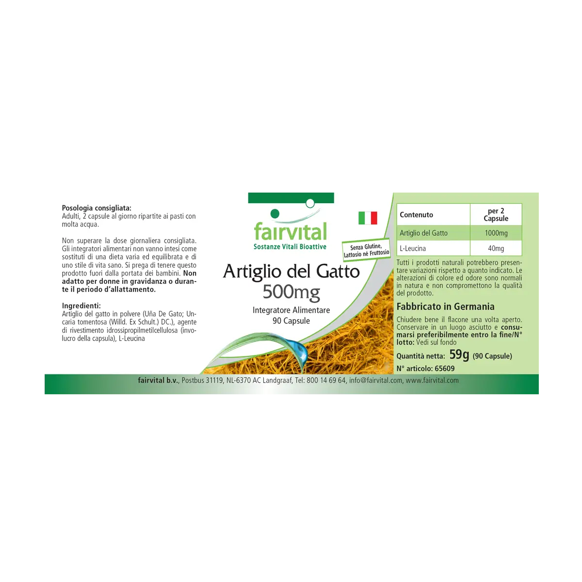 Katzenkralle 500mg - 90 Kapseln - Cat's Claw 500mg - Uña de Gato (Uncaria tomentosa) - Hochdosiert und Vegan | Fairvital