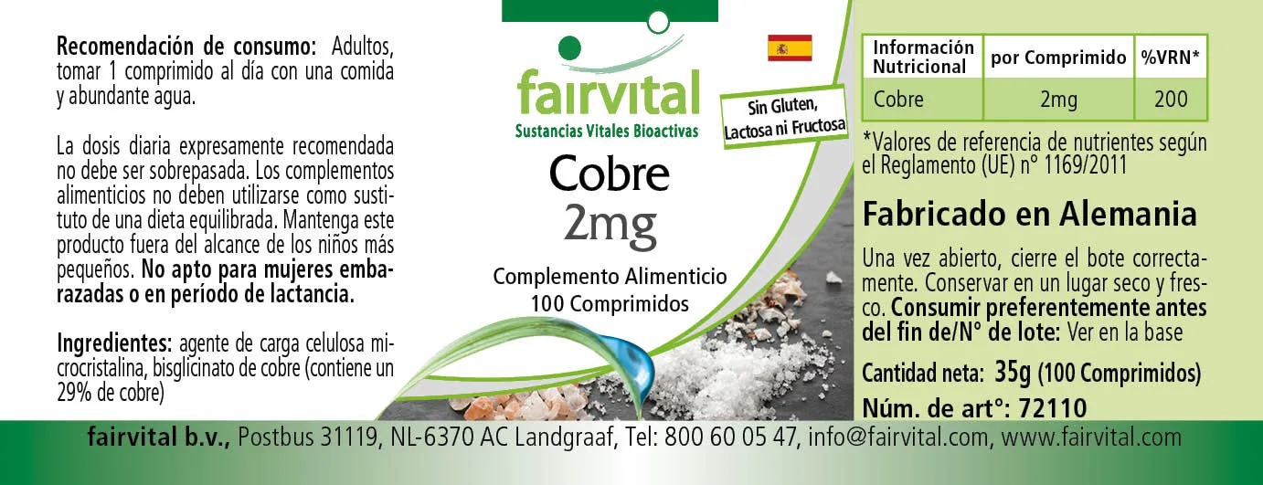 Kupfer 2mg - 100 Tabletten - für Immunsystem, Eisentransport uvm. - Vegan | Fairvital