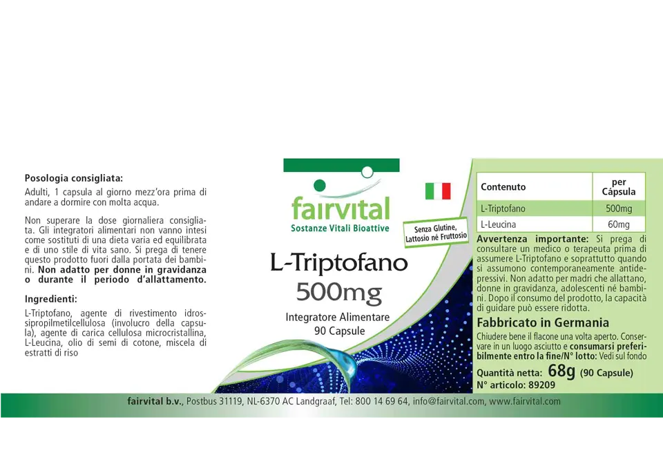 L-Tryptophan 500mg - 90 Kapseln - essentielle Aminosäure - Hochdosiert und Vegan | Fairvital