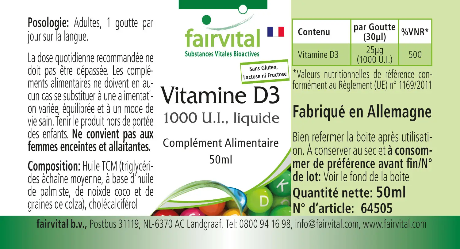 Vitamin D3 flüssig 1000 I.E. pro Tropfen | Fairvital