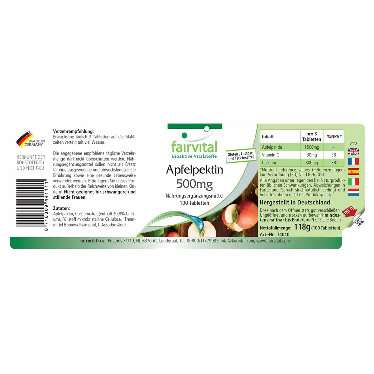 Apfelpektin 500mg - 100 Tabletten - mit Vitamin C, Calcium - für Knochen, Immunsystem uvm. - Vegan | Fairvital