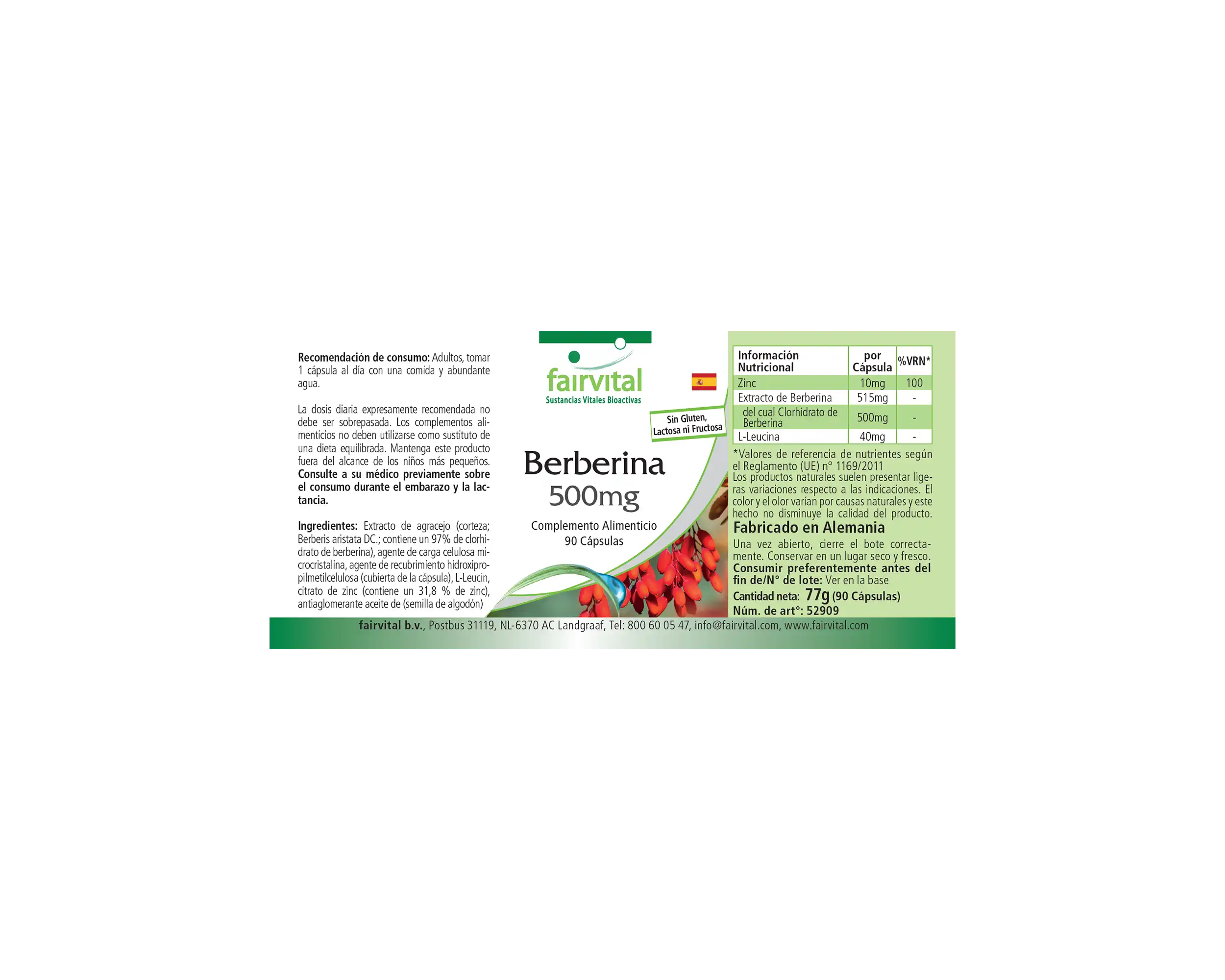 Berberin 500mg - mit Zink für Sehkraft, Haare, Haut, Immunsystem uvm. - 90 Kapseln - Hochdosiert und Vegan | Fairvital
