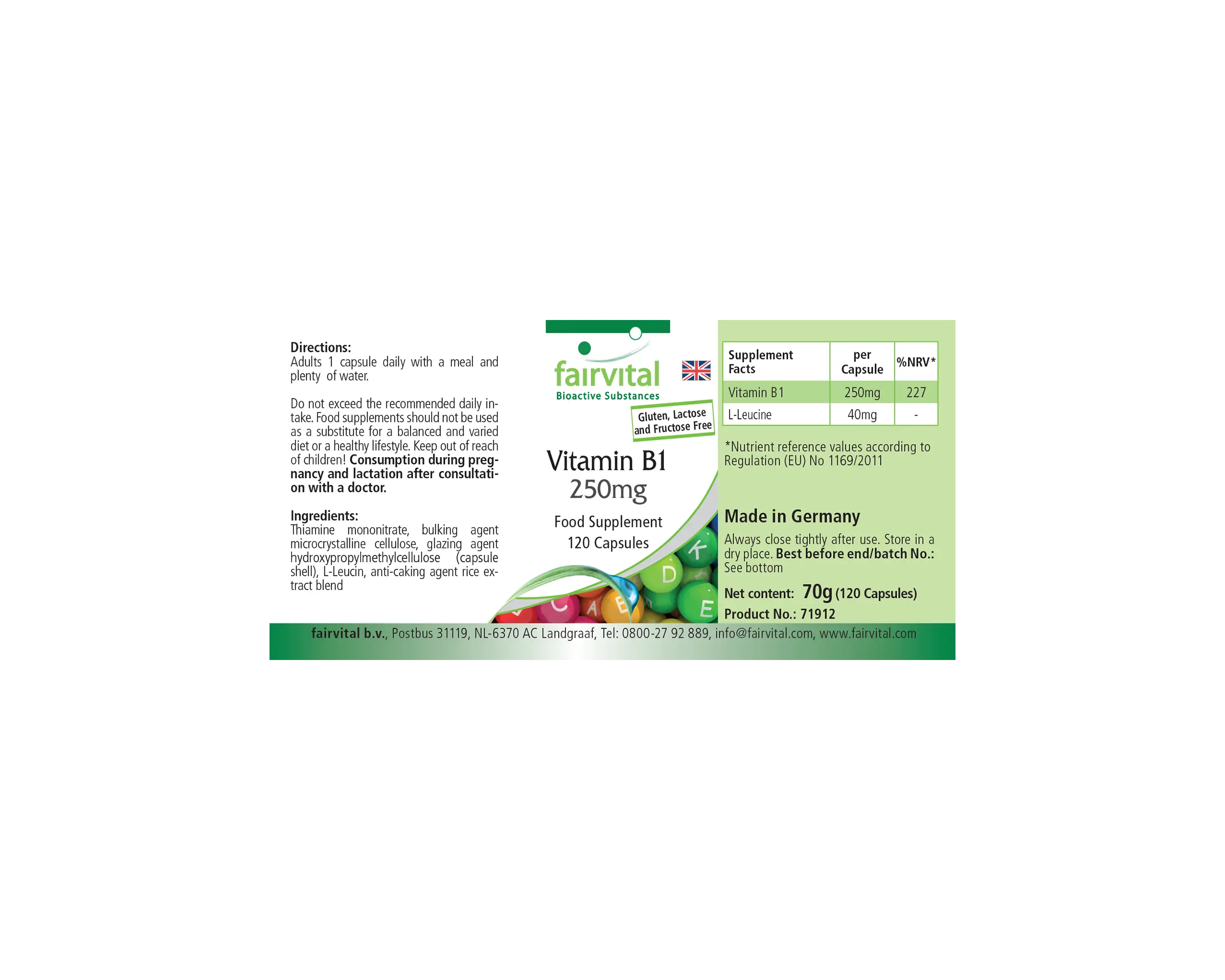 Vitamin B1 250mg - 120 Kapseln - Thiamin - für Herz, Nervensystem uvm. - Hochdosiert | Fairvital