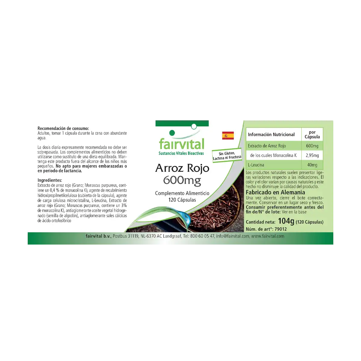 Roter Reis 600mg - 120 Kapseln - fermentiert - 2,95 mg Monacolin K - Vegan | Fairvital