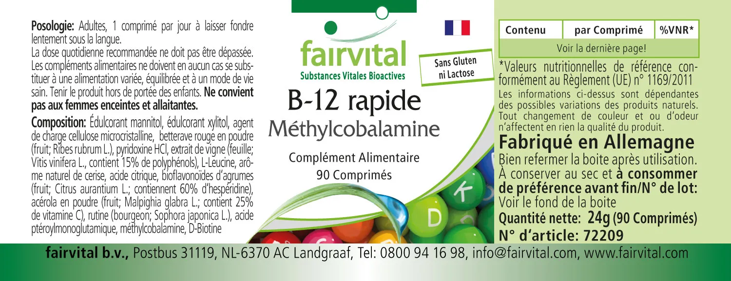 B-12 rapid als Methylcobalamin - 90 Tabletten - mit Vitamin B12 für Immunsystem, Zellteilung | Fairvital