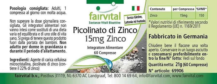 Zinkpicolinat mit 15mg Zink - 60 Tabletten - für Immunsystem, Sehkraft, Haare, Haut - Vegan | Fairvital