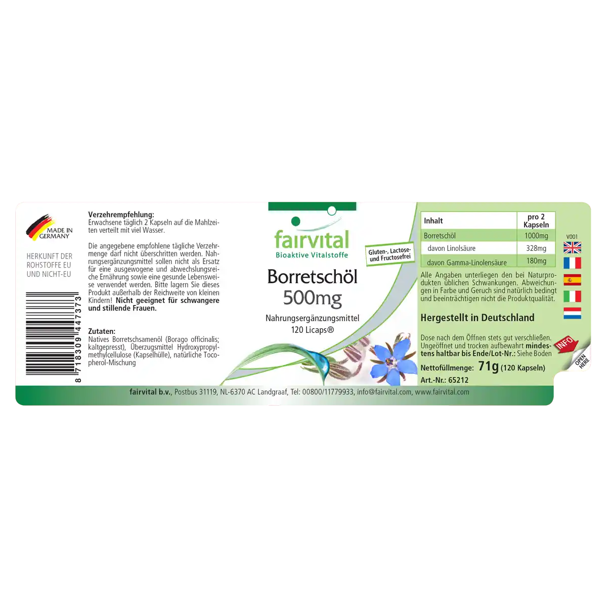 Borretschöl 500mg - 120 LiCaps® - kaltgepresst - reich an Gamma-Linolensäure (Omega-6) - Vegan | Fairvital Borretschöl 500mg - 120 LiCaps® - kaltgepresst - reich an Gamma-Linolensäure (Omega-6) - Vegan | Fairvital