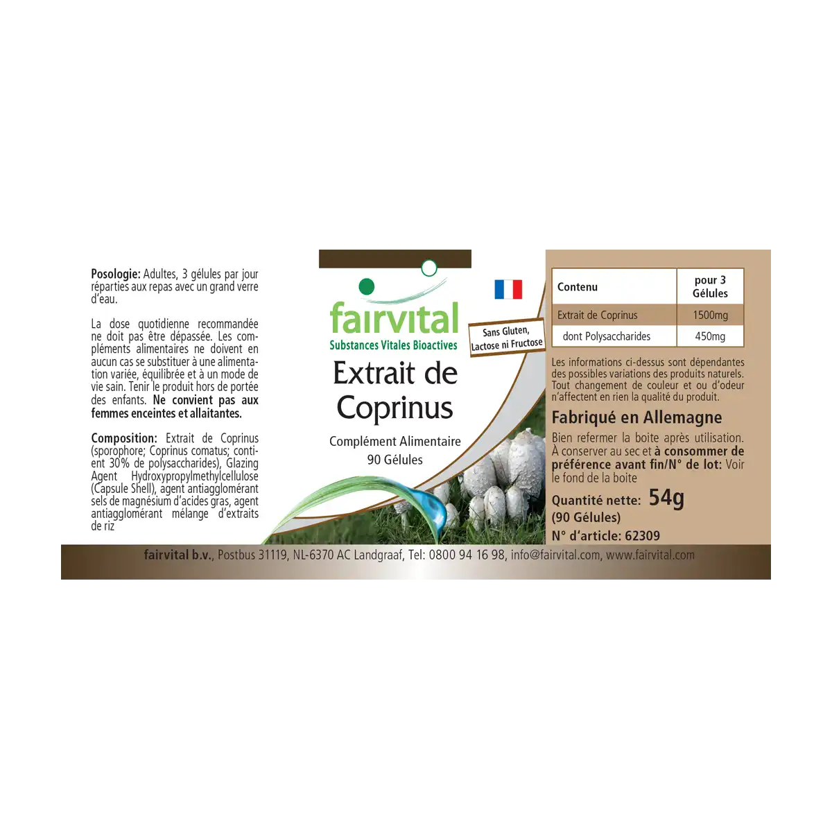Coprinus Extrakt 500mg - 90 Kapseln - Schopftintling Kapseln - Coprinus comatus (Spargelpilz) - 30% Polysaccharide| Fairvital