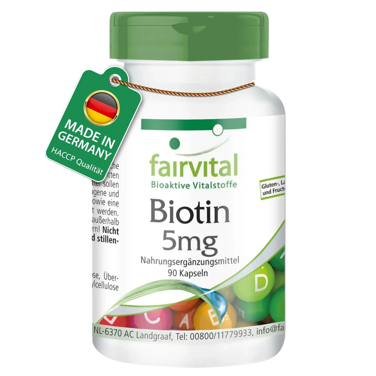 Biotin 5mg  - 90 Kapseln - mit 5000mcg Vitamin B7 pro Kapsel - für Haare, Haut, und Nervensystem - Vegan | Fairvital