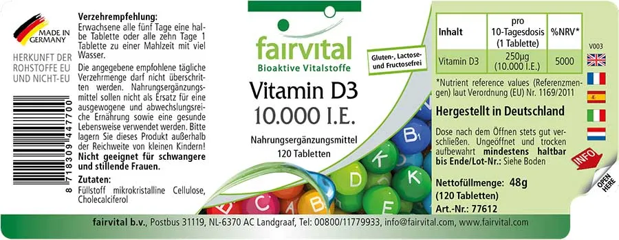 Vitamin D3 10000 I.E. - 120 Tabletten - für Immunsystem, Zellteilung, Muskeln uvm. | Fairvital