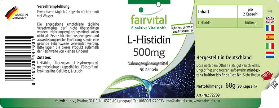 L-Histidin 500mg - 90 Kapseln - Aminosäure - Hochdosiert und Vegan | Fairvital
