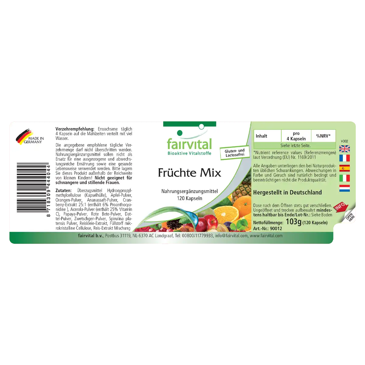 Früchte Mix - 120 Kapseln - mit Cranberry-Extrakt, Acerola, Spirulina uvm. - Hochdosiert und Vegan | Fairvital
