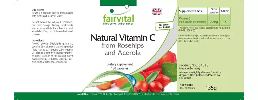 Natürliches Vitamin C aus Hagebutten und Acerola - 180 Kapseln - für Immunsystem uvm. - Vegan | Fairvital