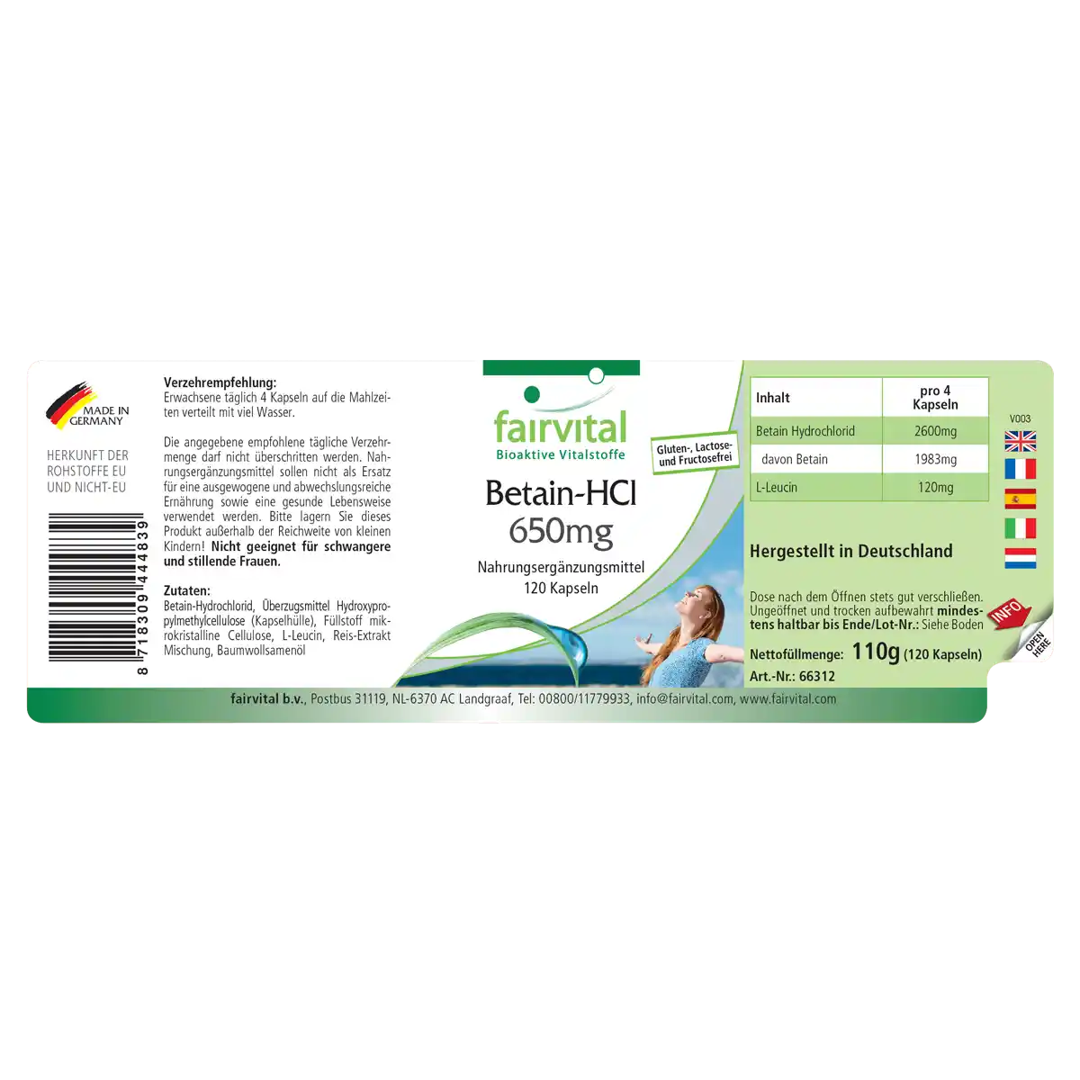 Betain HCL 650mg - 120 Kapseln - Betain Hydrochlorid Kapseln - Hochdosiert und Vegan | Fairvital