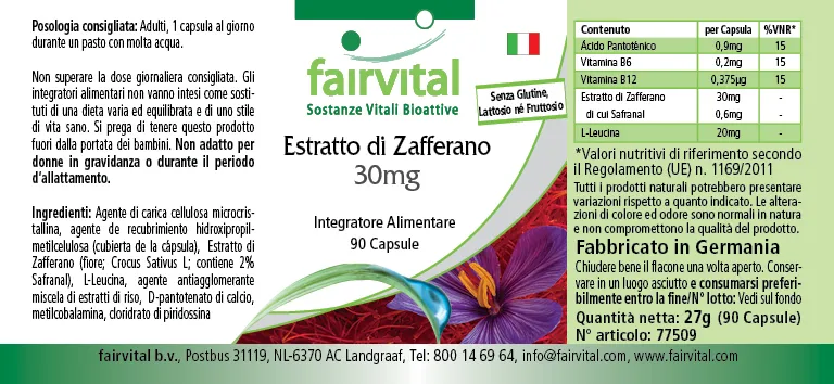 Safran Extrakt 30mg - 90 Kapseln mit Pantothensäure, Vitamin B12 uvm. - für Immunsystem, Zellteilung uvm. | Fairvital