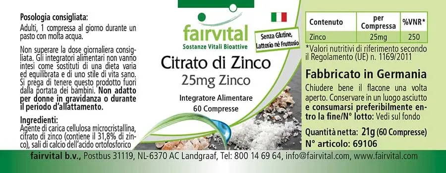 Zinkcitrat mit 25mg Zink - 60 Tabletten - für Immunsystem, Haut, Haare, Sehkraft uvm. - Vegan | Fairvital