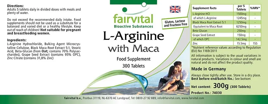 L-Arginin mit Maca - 300 Tabletten - mit Zink - für Immunsystem, Haar, Sehkraft uvm. - Vegan | Fairvital