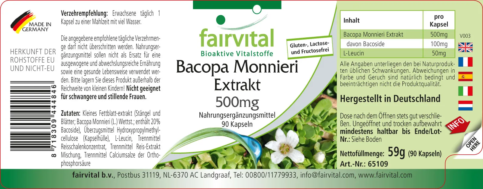 Bacopa Monnieri Extrakt 500mg - Brahmi Kapseln - mit 20% Bacoside - 90 Kapseln - Hochdosiert und Vegan | Fairvital