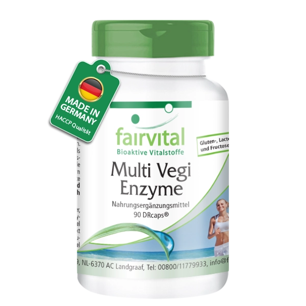 Multi Vegi Enzyme - 90 Kapseln (DRcaps) - 100% pflanzlicher Enzymkomplex mit Bromelain, Papain, Lipase, Rutin - Vegan | Fairvital