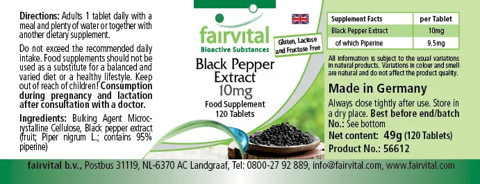 Schwarzer Pfeffer Extrakt 10mg - 120 Tabletten - 95% Piperin - Vegan | Fairvital