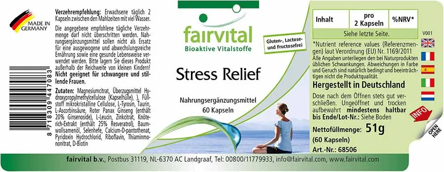 Stress Relief -  60 Kapseln - mit B-Vitaminen, Vitamin C, Zink uvm. - für Nervensystem, Zellschutz uvm. | Fairvital