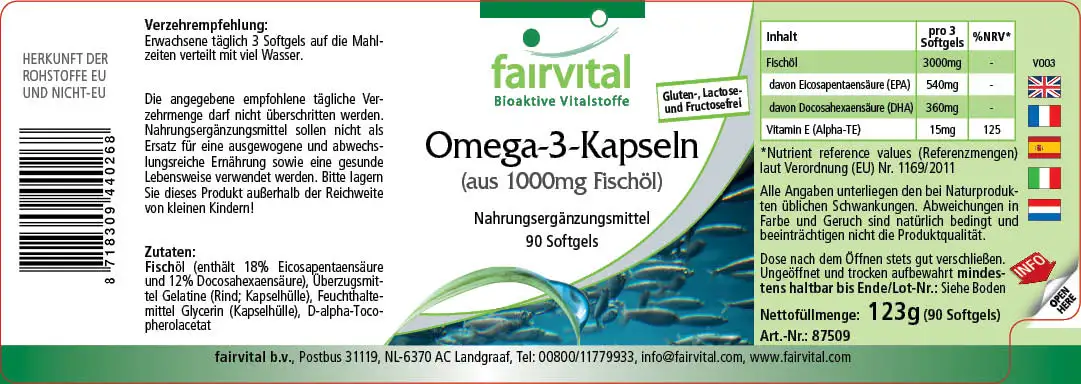 Omega-3-Kapseln aus 1000mg Fischöl - 90 Softgels - für Herz und Zellschutz - Hochdosiert | Fairvital