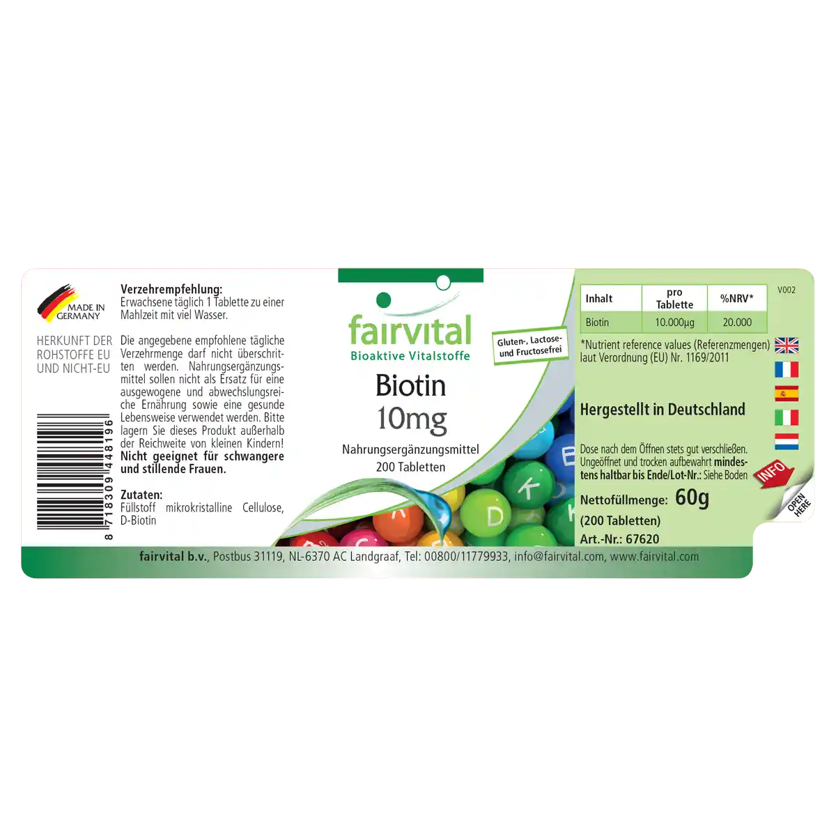 Biotin 10mg  - 200 Tabletten - mit 10000mcg Vitamin B7 pro Tablette -  für Haare, Haut, und Nervensystem - Hochdosiert und Vegan | Fairvital