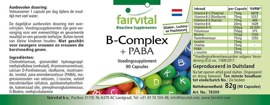 B-Komplex mit PABA - 90 Kapseln - mit allen B-Vitaminen (B6, B12,...) - für Immunsystem, Haut uvm. | Fairvital