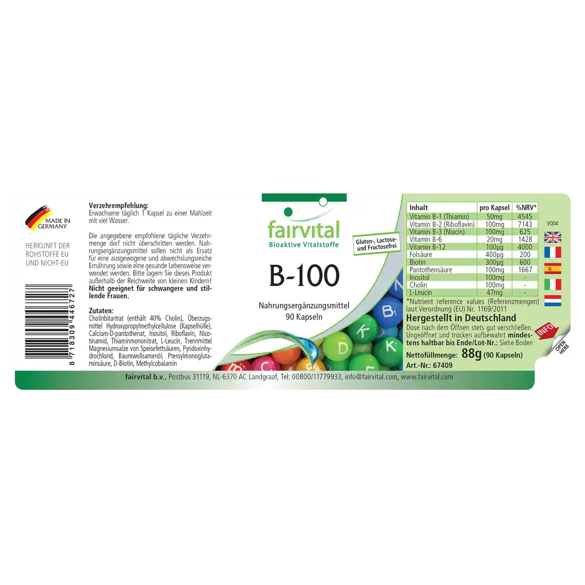 B-100 Komplex - alle B-Vitamine (B1, B2, B3, B5, B6, B7, B9, B12) für Haare, Haut ung gegen Müdigkeit - 90 Kapseln - Hochdosiert und Vegan | Fairvital