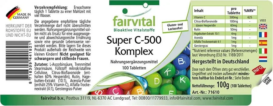 Super C-500 Komplex - 100 Tabletten - mit Vitamin C - für Immunsystem, Kollagenbildung uvm. - Vegan | Fairvital