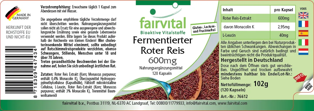 Fermentierter Roter Reis 600mg - 120 Kapseln - Monascus purpureus - mit Monacolin K - Vegan | Fairvital