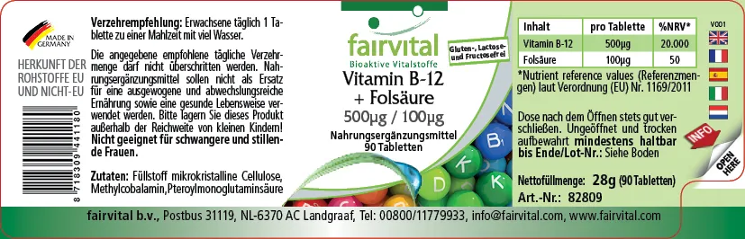 Vitamin B-12 + Folsäure 500µg / 100µg -  90 Tabletten - für Immunsystem, gegen Müdigkeit uvm. | Fairvital