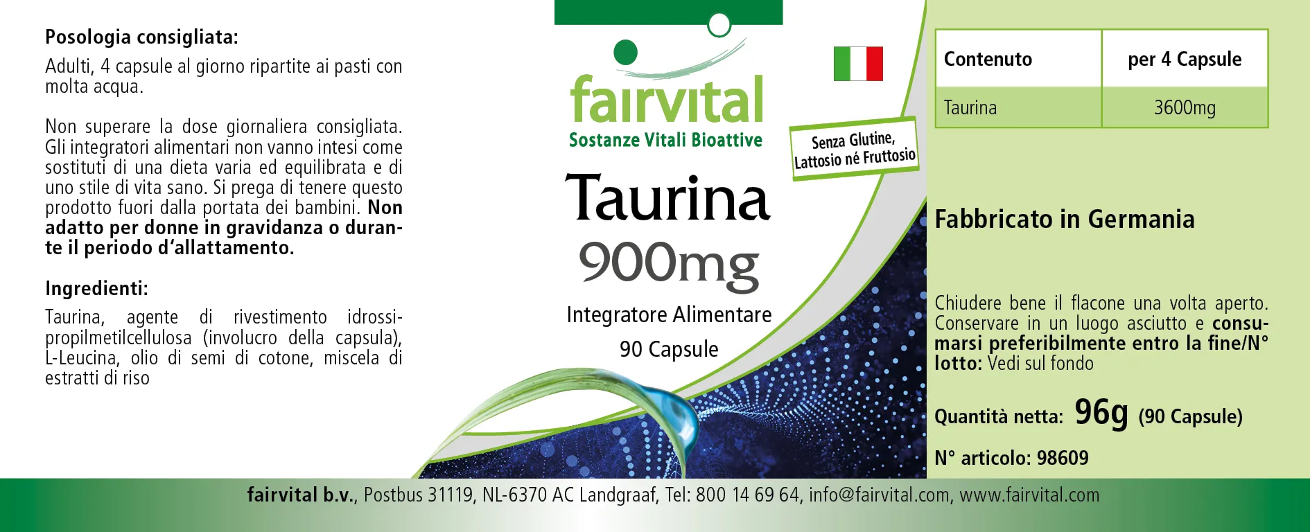 Taurin 900mg - 90 Kapseln - Hochdosiert- Vegan | Fairvital